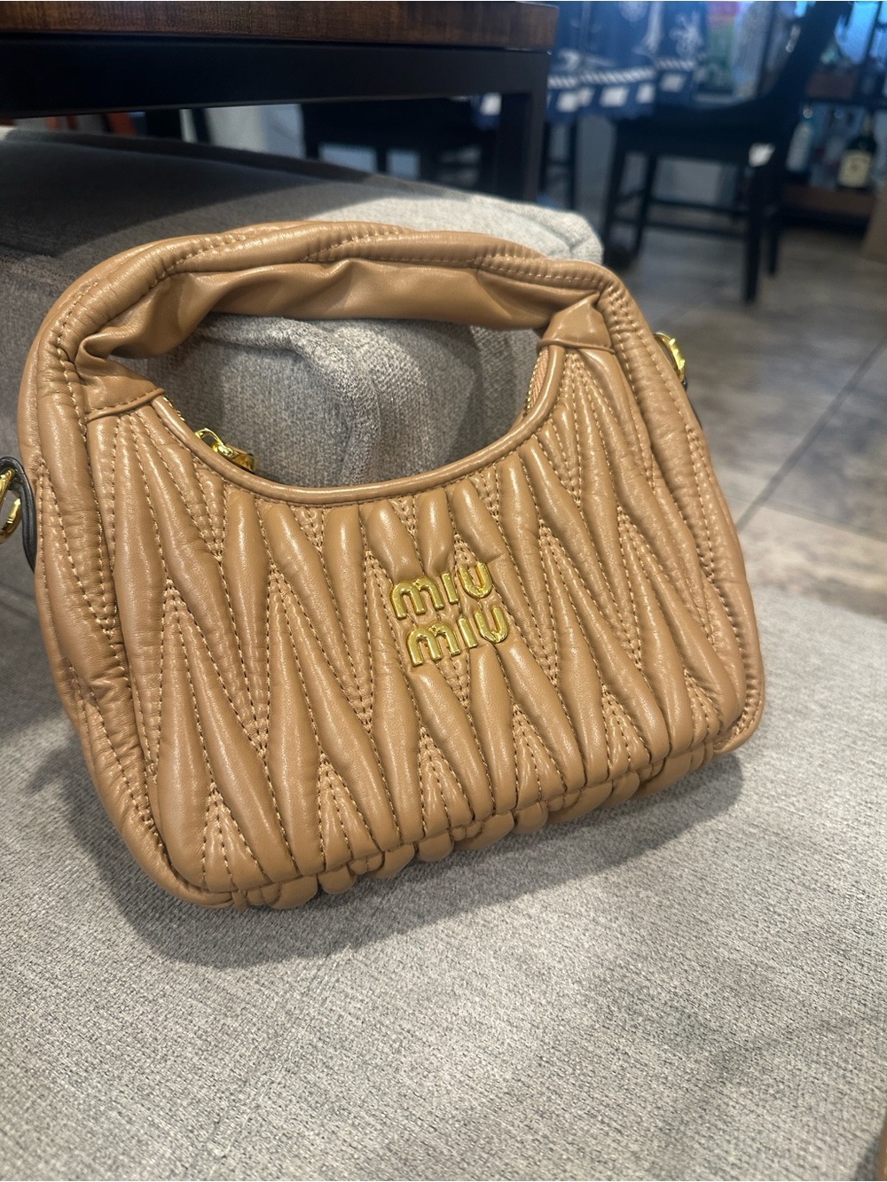 Camel Quilted Matelassé Mini Bag with Gold Logo
